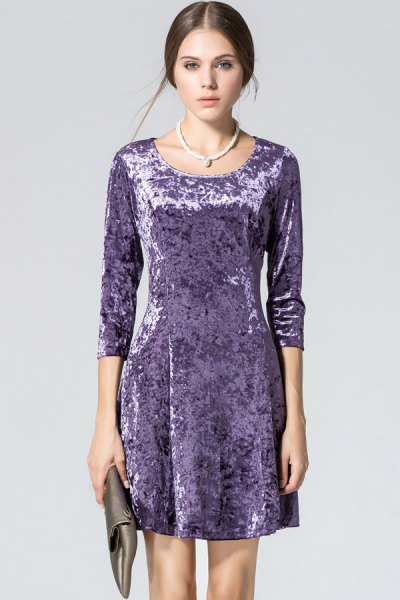 purple velvet three quarters sleeve mini dress