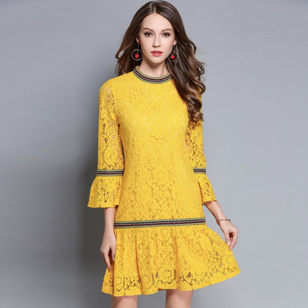 yellow watch sleeve flare dress