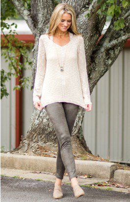 white lace semi sheer knit sweater gray suede leggings