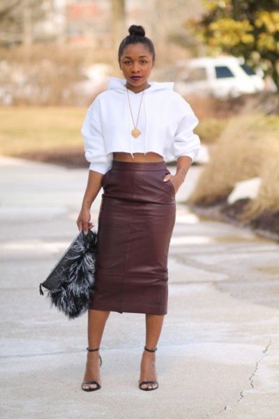 gray leather with high waist skirt