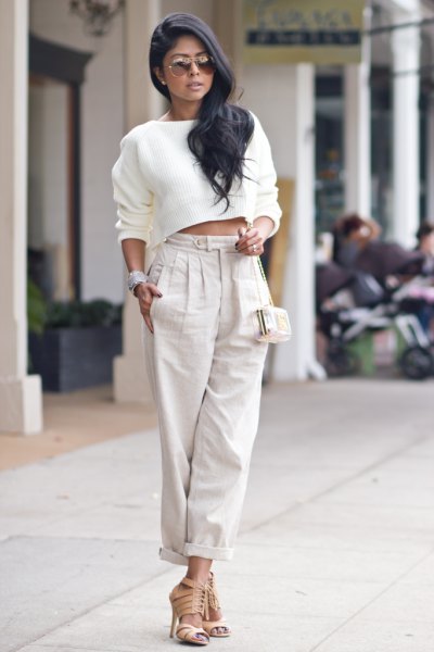 white cropped sweater light gray linen trousers