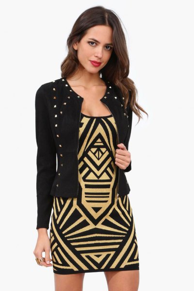 black and gold printed shift dress with double jacket