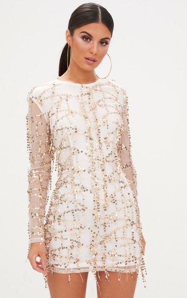 white shift dress sequin embroidered mesh overlay