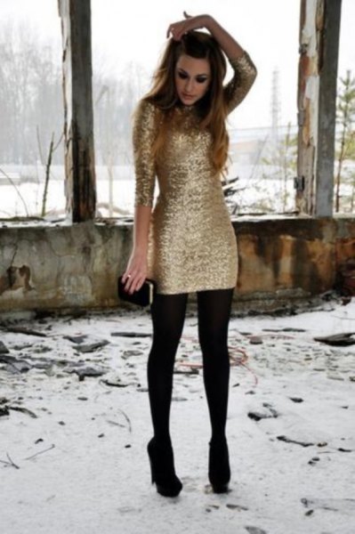 long sleeve gold dress socks black heels