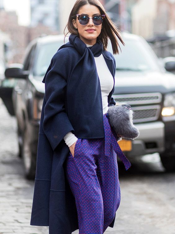 purple trousers navy blue coat