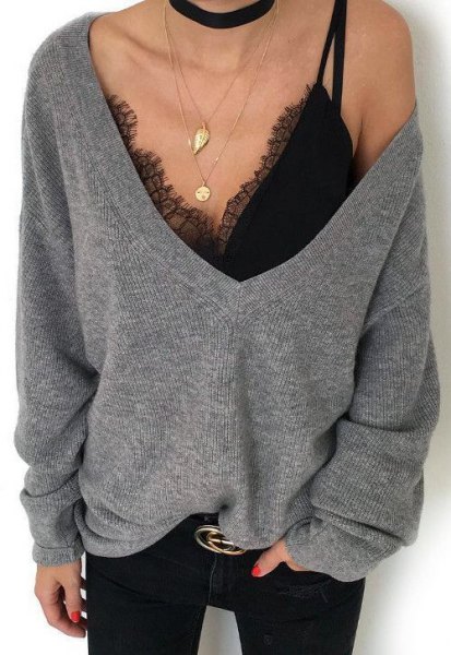 gray deep large sweater in v-neck