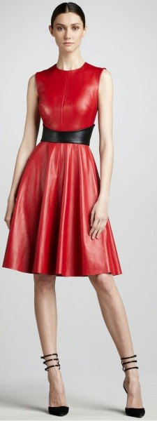 red sleeveless fit and knee-length dress