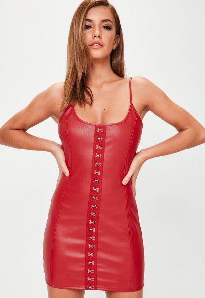 spaghetti straps lace up mini dress in leather