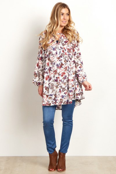 white floral tunic over jeans