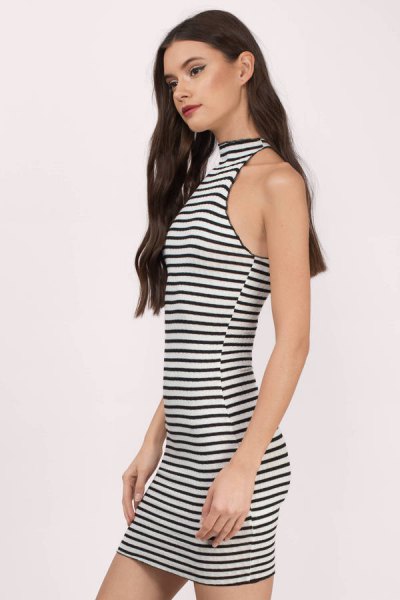 black and white striped mini dress with high neck