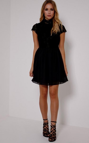 black short-sleeved tulle dress with high neck