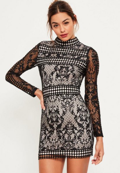black and white tribal lace dress with high neck