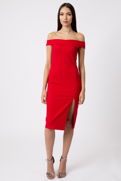 red from shoulder high split bodycon dress