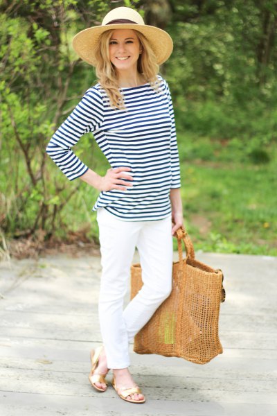 navy and white striped tee-white jeans