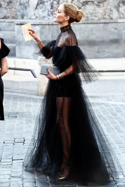 black chiffon tulle dress clean shoulders and tail