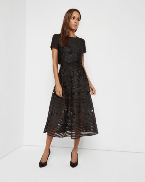 black semi floral lace midi dress