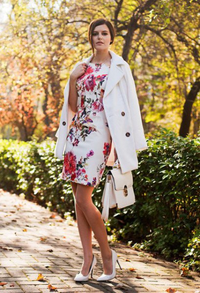 white floral bodycon dress wool coat