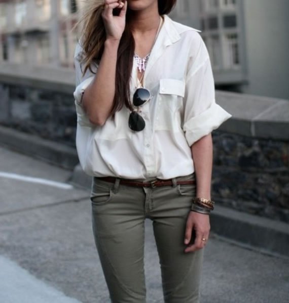 white button up big shirt green jeans