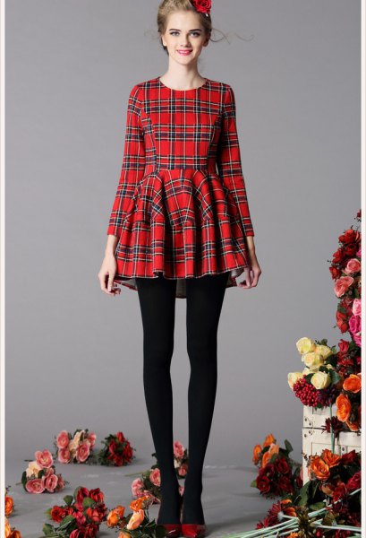 red and black checkered fit and flare dress