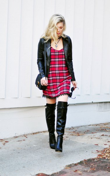 black leather jacket thigh high boots