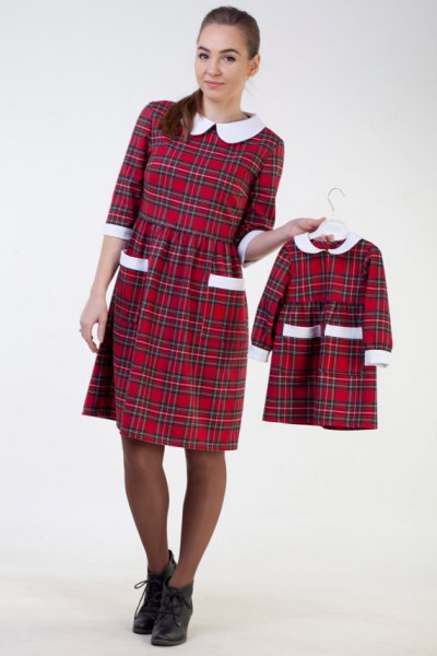 white collar red checkered collar waist knee length dress