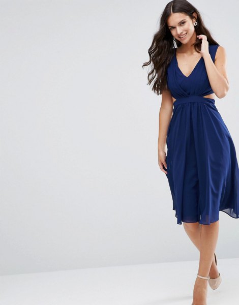 navy blue fit and flare midi dress