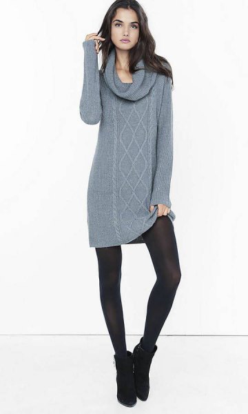 gray cowl neck cable knit sweater dress