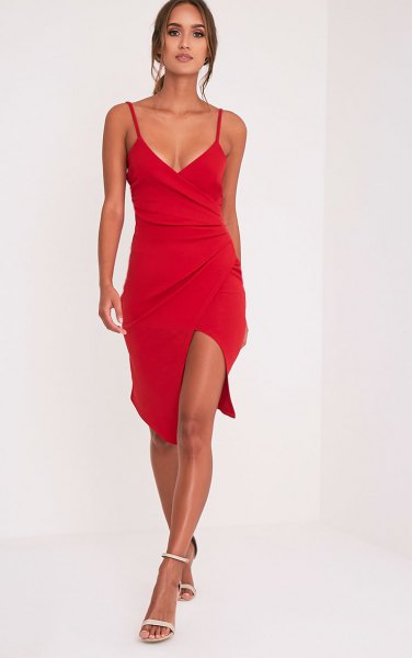 red spaghetti strap deep v-neck dress