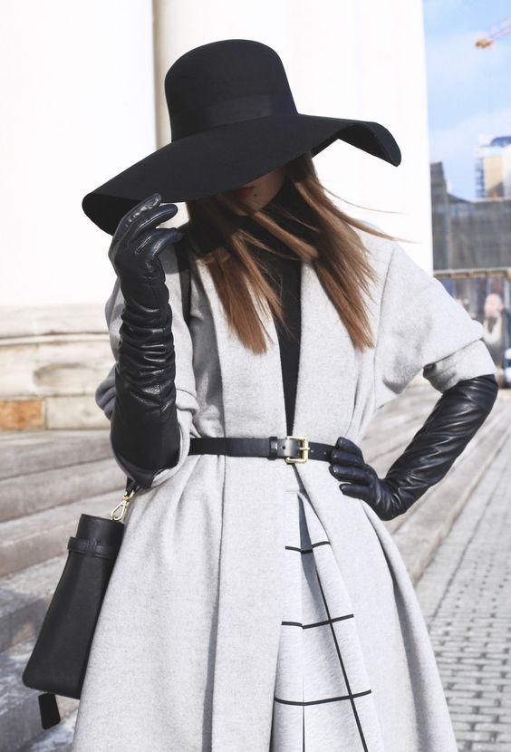 long black gloves gray coat