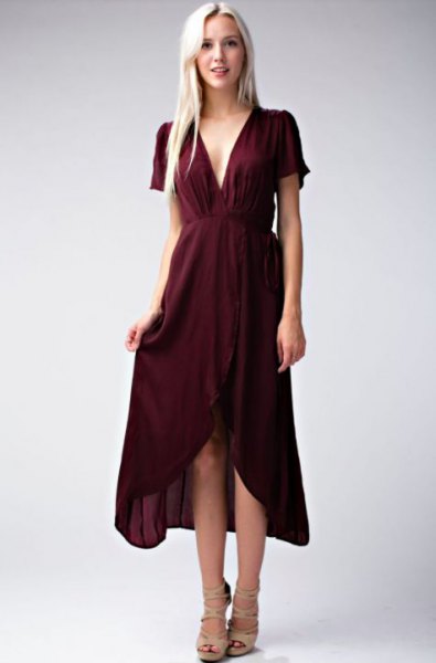 burgundy deep v-neck gathered waist high low midi dress