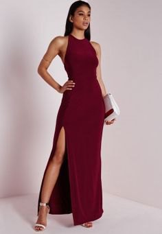 burgundy high split maxi cocktail dress