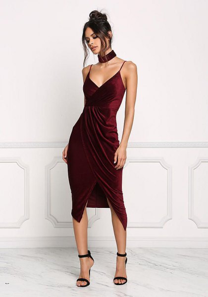 burgundy velvet high low wrap cocktail dress