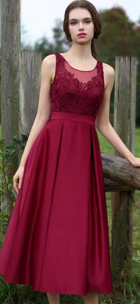 burgundy gathered waist lace and silk dress