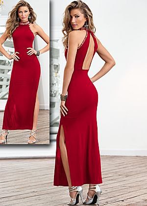 red satin backless maxi dress silver striped heels