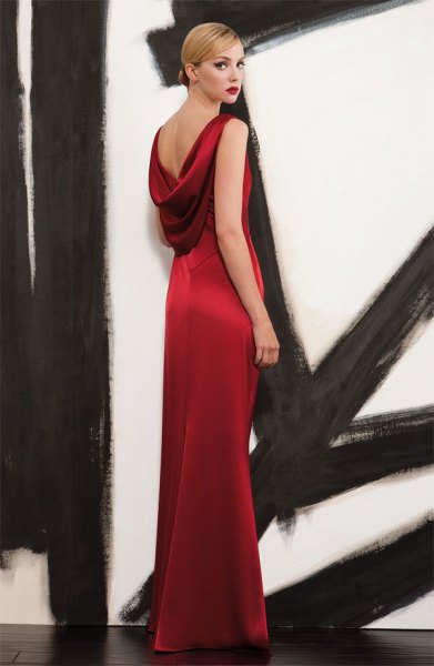 red satin low back maxi dress