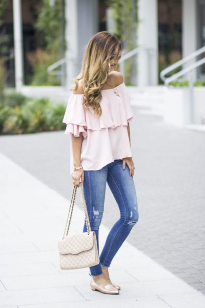 white of shoulders ruffle top pink bread