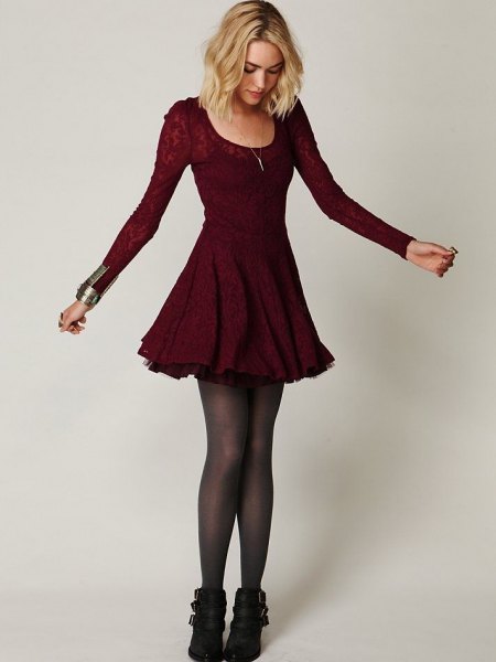 burgundy floral lace skate dress ankle boots