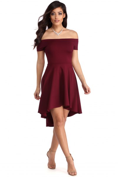 off the shoulder burgundy fit and flare mini dress