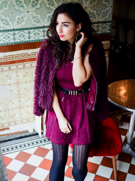 burgundy belt lace dress black faux fur jacket
