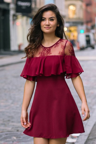 burgundy ruffle lace mini dress