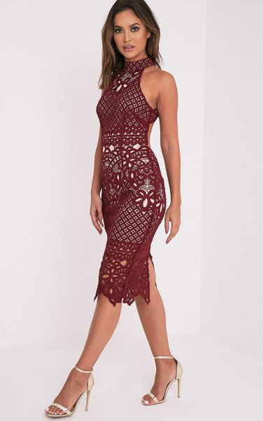 halter neck burgundy crochet lace dress
