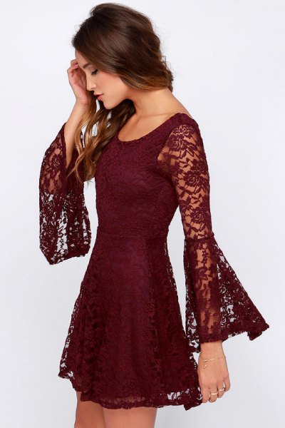 bell sleeve burgundy lace dress