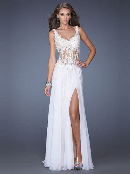 white lace and chiffon with high split dress