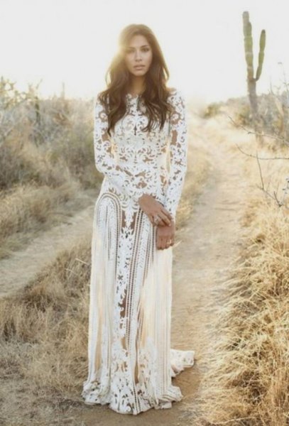 white long sleeve lace flowing dress