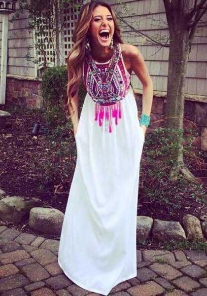 white tribal printed maxi dress