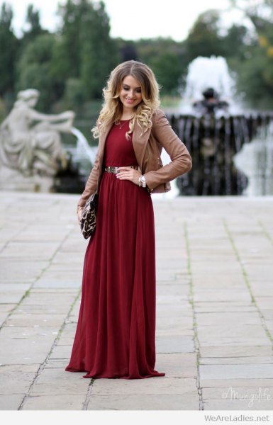 burgundy belt long dress brown blazer