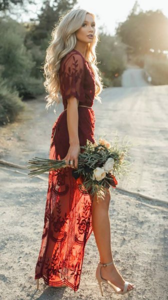 burgundy lace semi clean long dress