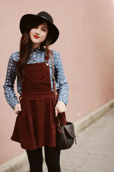 gray spotted shirt burgundy pinafore dress