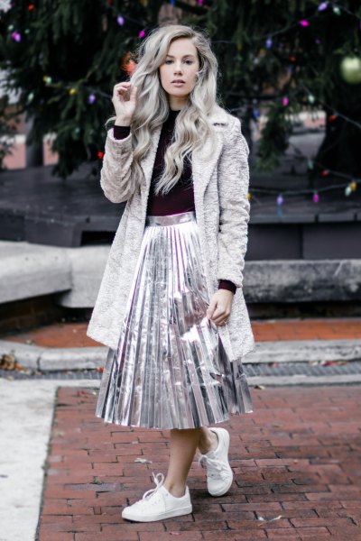 gray teddy rock silver metallic pleated skirt