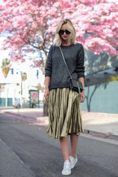 dark gray knitted sweater gold-pleated midi skirt